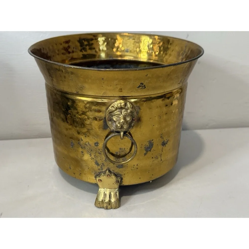 Vintage Brass Lion Head Planter Hollywood Regency Footed Cachepot Plant Pot 7